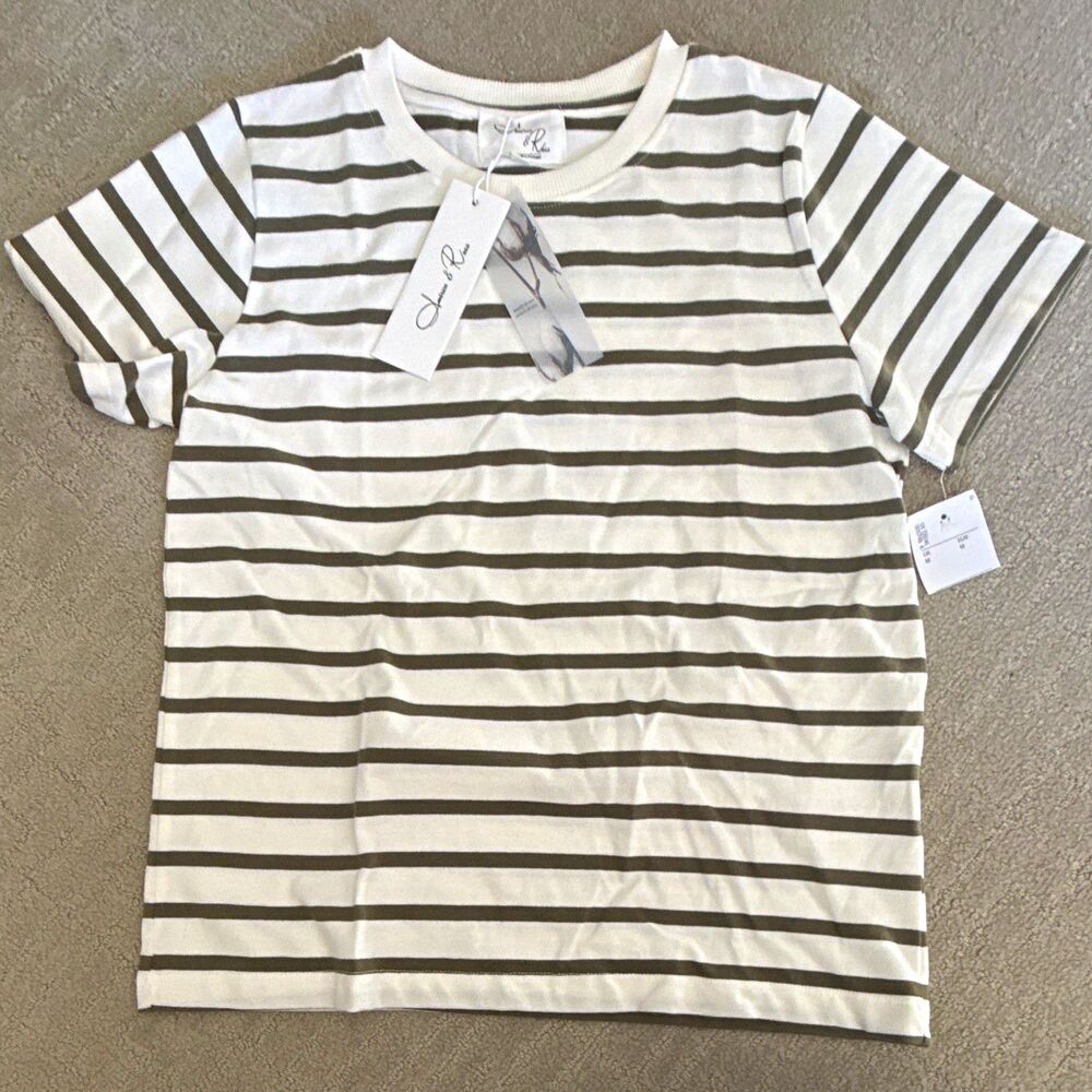 America & Riva Womenโs M Medium Green/White Cotton Knit Striped Crew Neck Tee